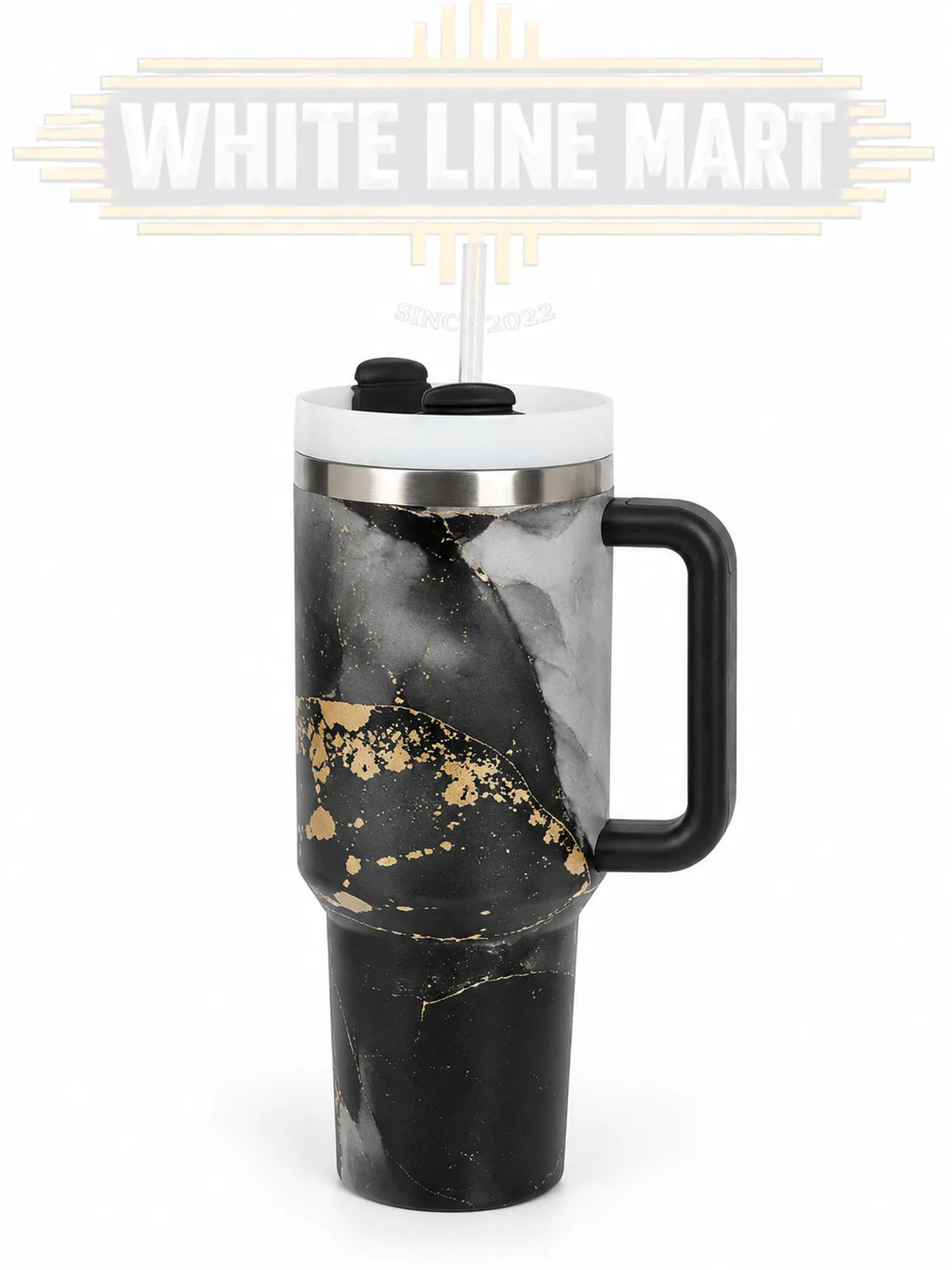 Printed Stainless Steel Vacuum Insulated Tumbler with Straw & Handle | Thermal Travel Flask | White Line Mart