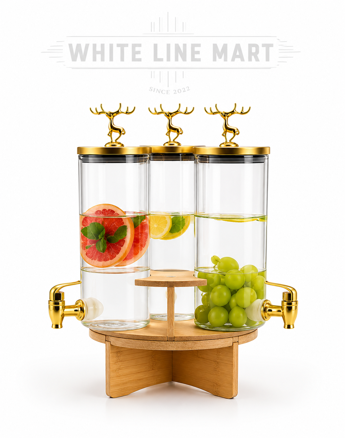 3-in-1 Glass Dispenser with Wooden Base | Triple Beverage Dispenser | White Line Mart