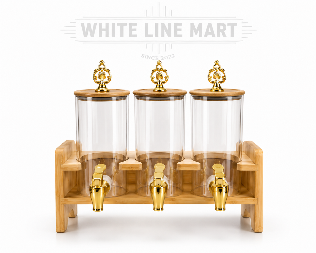3-in-1 Glass Dispenser with Wooden Base | Triple Beverage Dispenser | White Line Mart